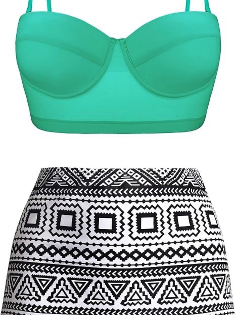 Turquoise Women's High Waisted Swimsuit Bottom Geometric Designs Underwire Sz M